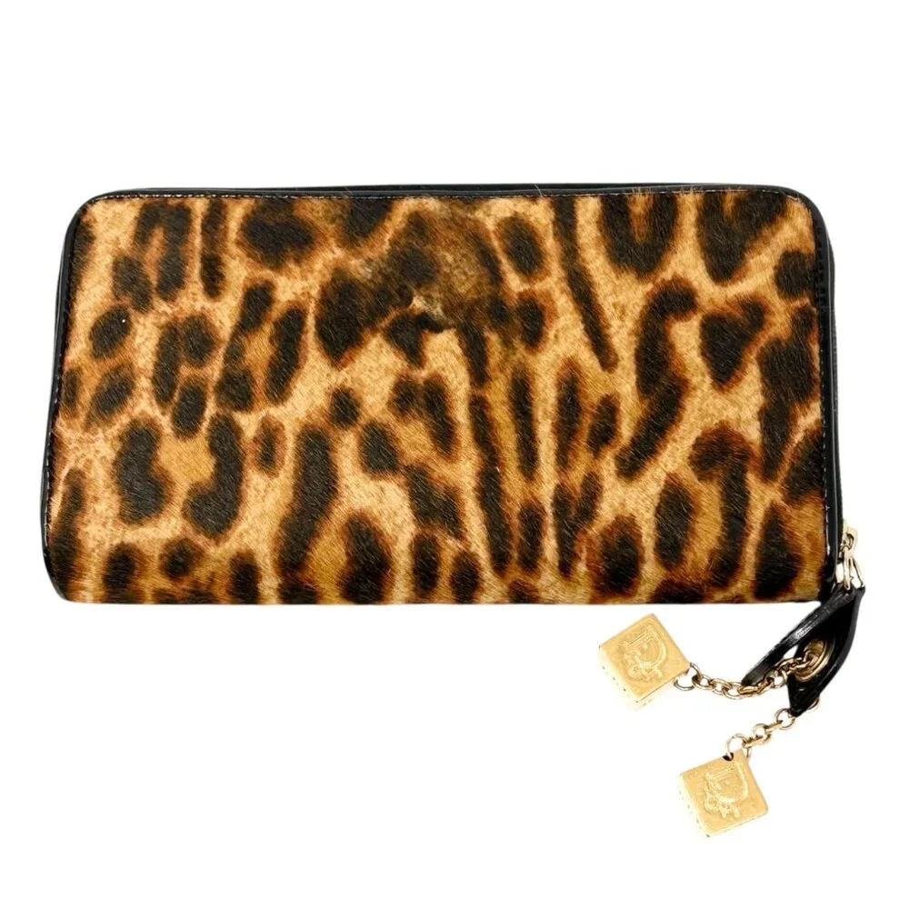 Christian Dior Vintage 2001 Logo Leopard Print Pony Hair Wallet Dice [106430]